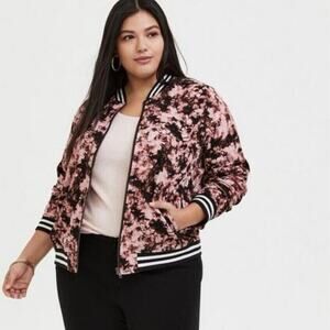Torrid Jacket Womens 1 Floral Bomber Coat Black Pink Tie Dye Fall Layering $70